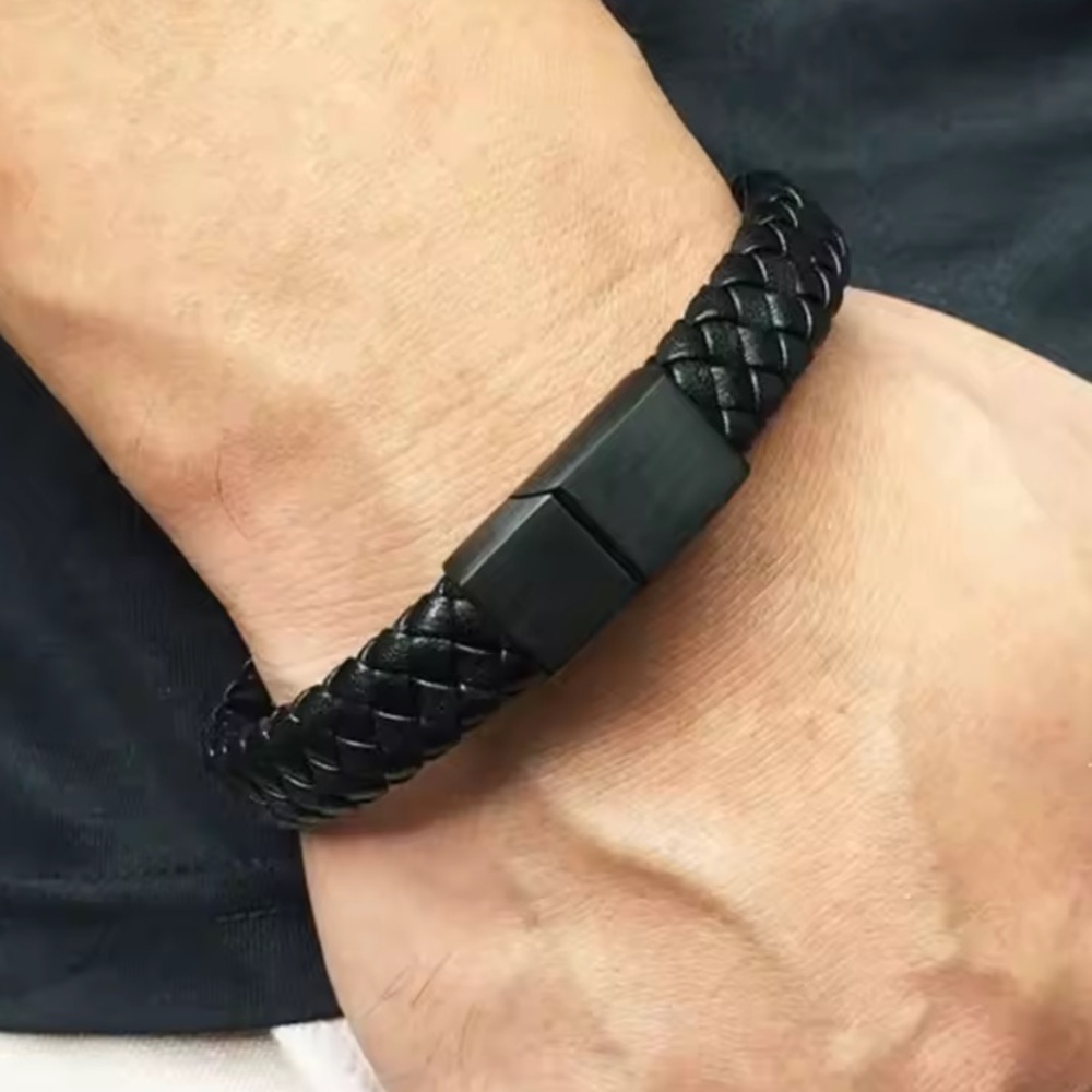 MEN NEW Black Braided Leather Bracelet